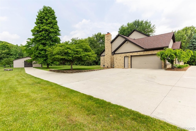 56259 Schoenherr Rd, Shelby Twp, MI 48315 - view of home's exterior with driveway, a yard, a garage, and a chimney