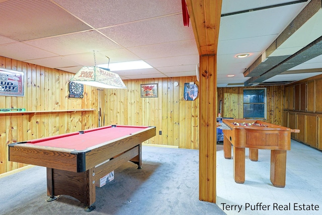 607 66th St SE, Grand Rapids, MI 49548 - playroom with billiards table, wooden walls, a paneled ceiling, and carpet