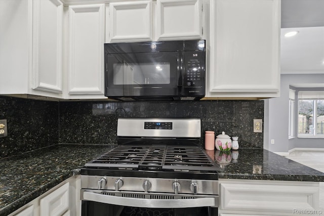 13439 Brougham Dr, Warren, MI 48312 - kitchen with gas range, black microwave, white cabinetry, tasteful backsplash, and recessed lighting