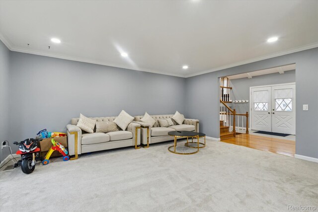13439 Brougham Dr, Warren, MI 48312 - carpeted living room with recessed lighting, baseboards, crown molding, and stairs