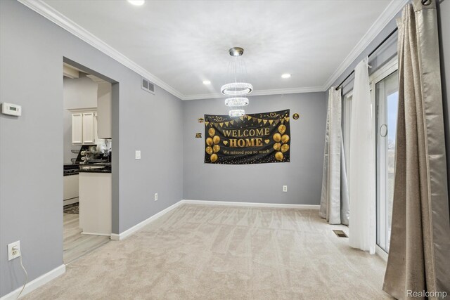 13439 Brougham Dr, Warren, MI 48312 - unfurnished dining area with light carpet, a chandelier, ornamental molding, baseboards, and recessed lighting