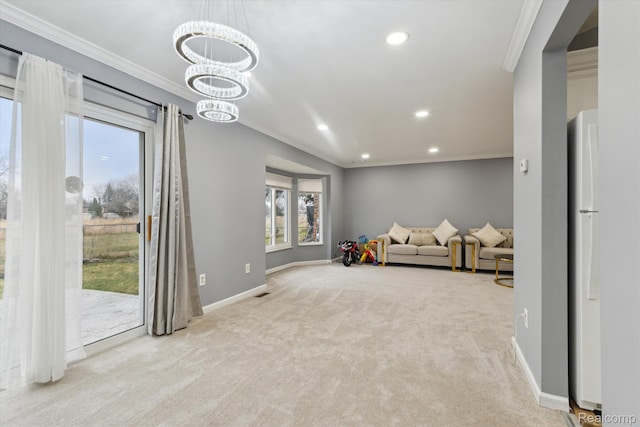 13439 Brougham Dr, Warren, MI 48312 - game room featuring crown molding, carpet flooring, baseboards, recessed lighting, and a chandelier