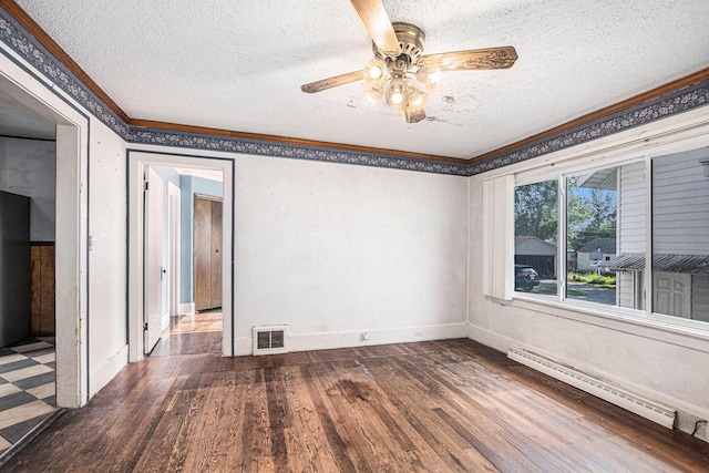 337 W 18th St, Holland, MI 49423 - spare room featuring ceiling fan, crown molding, dark wood finished floors, a baseboard radiator, and a textured ceiling