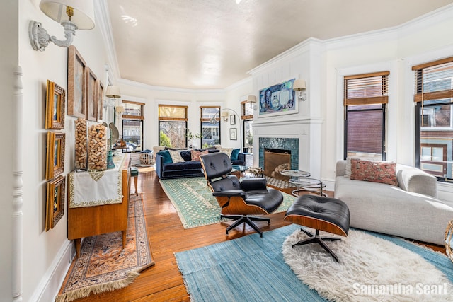 573 College Ave SE, Grand Rapids, MI 49503 - living room with a fireplace, ornamental molding, and wood finished floors
