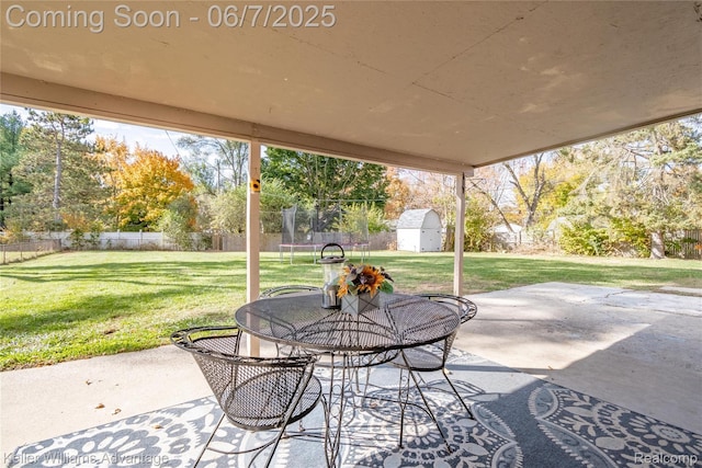 4879 Sundale Dr, Clarkston, MI 48346 - view of patio / terrace with a trampoline, outdoor dining area, and view of scattered trees