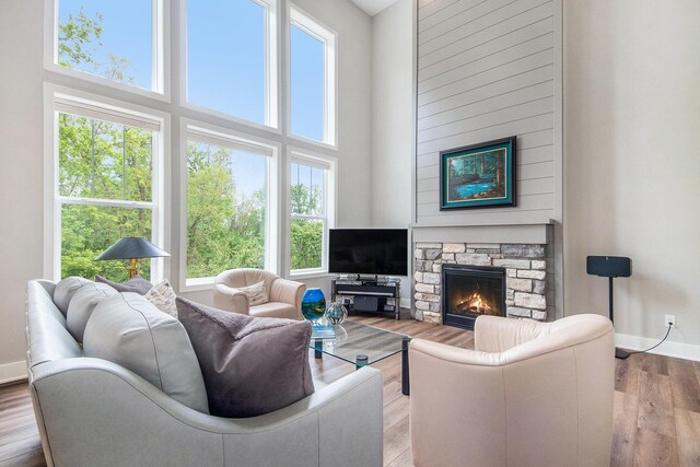 883 Water Ridge Dr, Byron Center, MI 49315 - living area featuring baseboards, wood finished floors, a fireplace, and a high ceiling