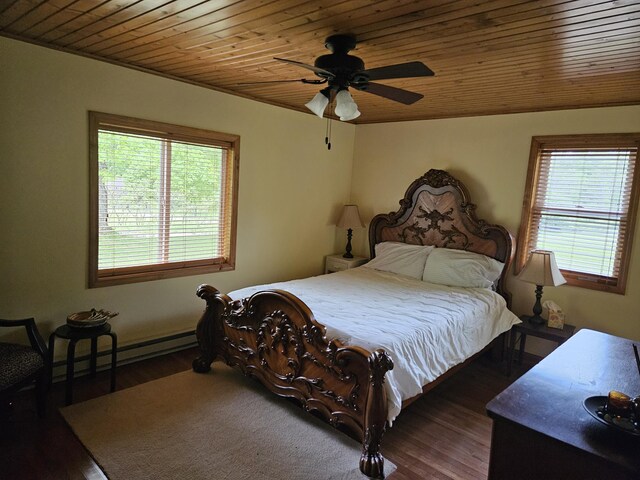 3354 E Arthur, Rothbury, MI 49452 - bedroom with wood ceiling, multiple windows, wood finished floors, and a ceiling fan