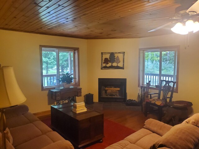 3354 E Arthur, Rothbury, MI 49452 - living room featuring ceiling fan, healthy amount of natural light, wood finished floors, wood ceiling, and a fireplace