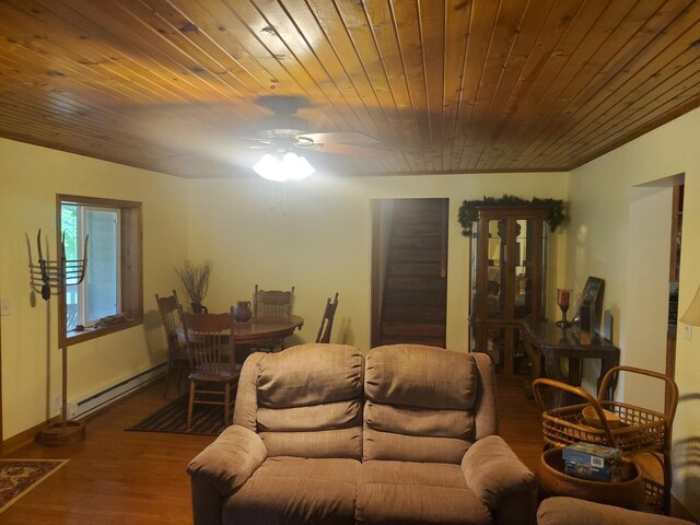 3354 E Arthur, Rothbury, MI 49452 - living room with a baseboard radiator, wooden ceiling, a ceiling fan, and wood finished floors