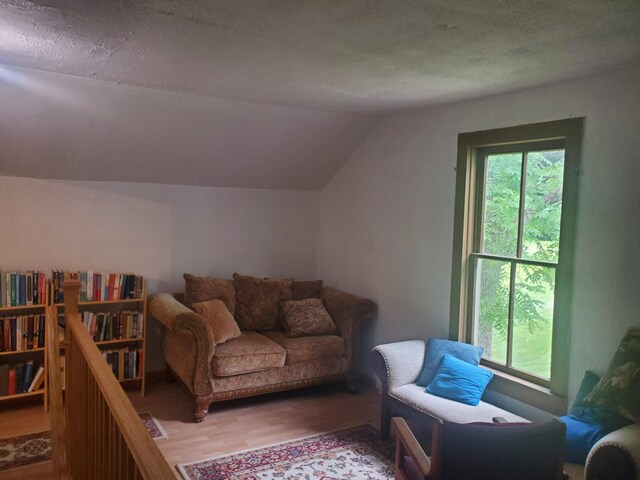 3354 E Arthur, Rothbury, MI 49452 - sitting room featuring plenty of natural light, wood finished floors, vaulted ceiling, and a textured ceiling