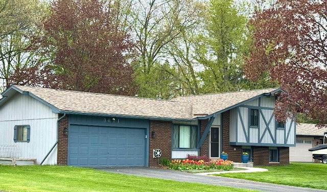 3671 Lido, Highland, MI 48356 - view of front of property with a shingled roof, an attached garage, brick siding, and a front lawn
