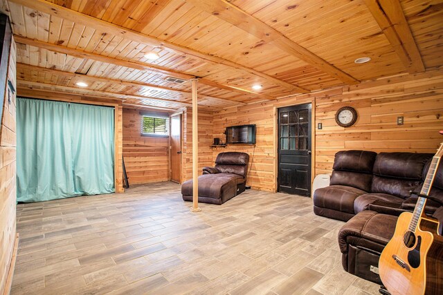 787 Doves Lndg, Coldwater, MI 49036 - living room with wood ceiling with exposed beams, wooden walls, and wood finished floors