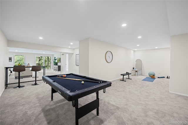 1752 Alexander Dr, Bloomfield, MI 48302 - rec room with light colored carpet, billiards table, recessed lighting, baseboards, and arched walkways