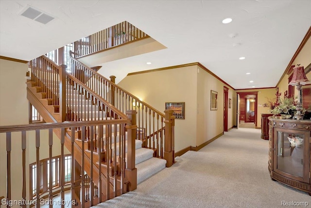 4150 Port Austin Rd, Caseville, MI 48725 - stairs with carpet, baseboards, recessed lighting, and crown molding
