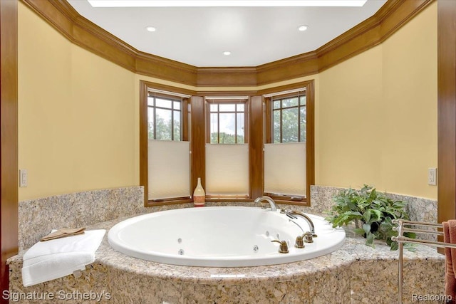 4150 Port Austin Rd, Caseville, MI 48725 - full bathroom featuring a whirlpool tub, crown molding, and recessed lighting