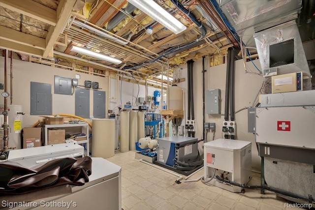 4150 Port Austin Rd, Caseville, MI 48725 - unfinished below grade area featuring tile patterned floors, electric panel, and electric water heater