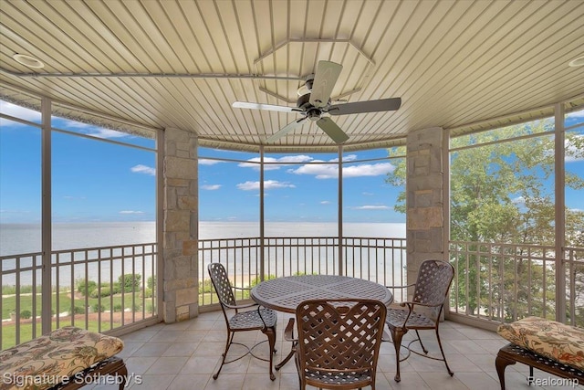4150 Port Austin Rd, Caseville, MI 48725 - sunroom featuring a water view, a ceiling fan, tile patterned flooring, expansive windows, and wood ceiling