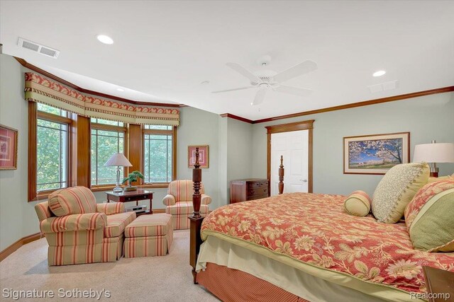 4150 Port Austin Rd, Caseville, MI 48725 - carpeted bedroom featuring recessed lighting, baseboards, ornamental molding, and a ceiling fan