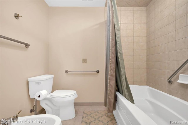 4150 Port Austin Rd, Caseville, MI 48725 - bathroom with tile patterned flooring, toilet, shower / tub combo with curtain, and baseboards
