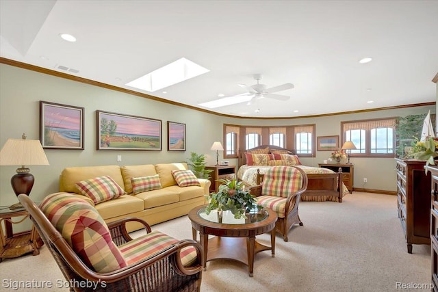4150 Port Austin Rd, Caseville, MI 48725 - living room featuring recessed lighting, a skylight, light carpet, ceiling fan, and baseboards