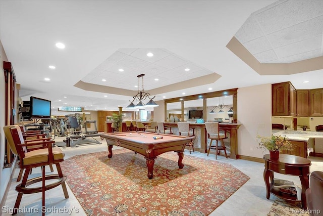 4150 Port Austin Rd, Caseville, MI 48725 - recreation room featuring a tray ceiling, billiards, baseboards, recessed lighting, and bar