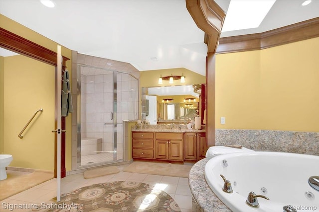 4150 Port Austin Rd, Caseville, MI 48725 - bathroom featuring a stall shower, a whirlpool tub, vanity, tile patterned flooring, and toilet