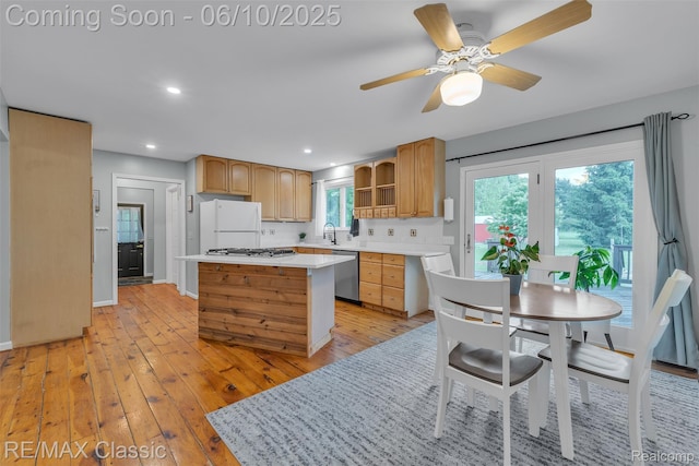 917 Middle Rd, Highland, MI 48357 - kitchen with stainless steel appliances, open shelves, a kitchen island, light wood-style flooring, and light countertops