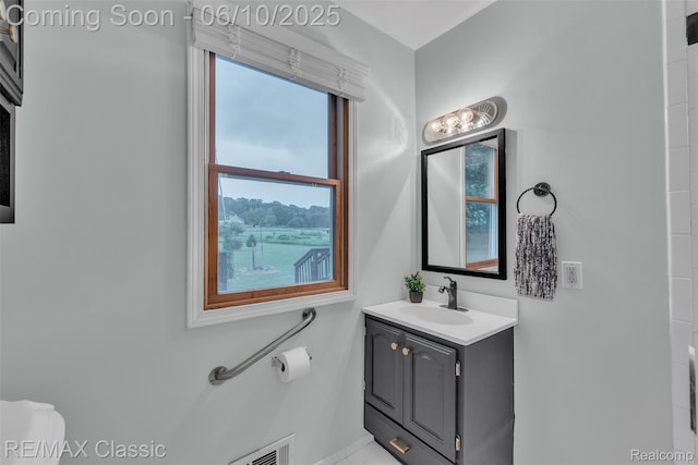 917 Middle Rd, Highland, MI 48357 - bathroom with toilet, vanity, plenty of natural light, and baseboards