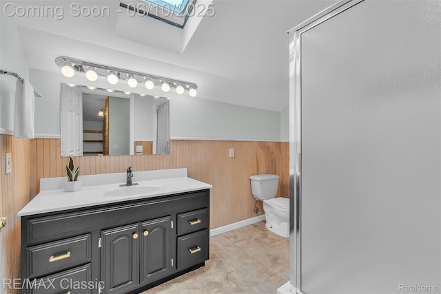 917 Middle Rd, Highland, MI 48357 - full bathroom with a skylight, a wainscoted wall, wood walls, vanity, and toilet