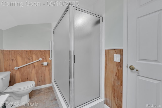 917 Middle Rd, Highland, MI 48357 - bathroom featuring toilet, a stall shower, and vaulted ceiling