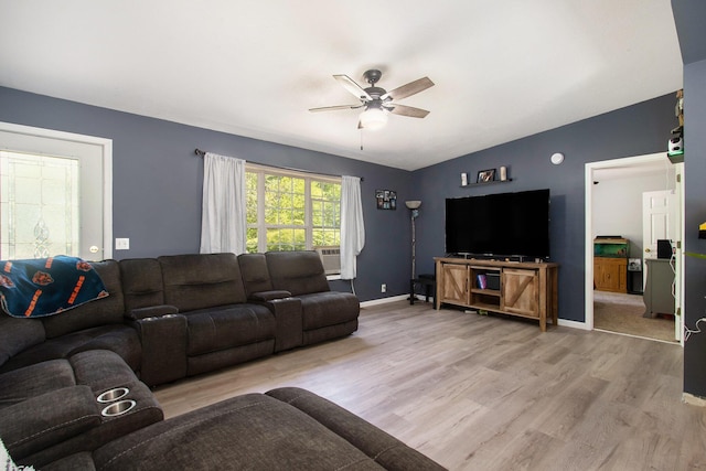 1417 Greenhouse Rd, Bangor, MI 49013 - living area featuring light wood-style floors, ceiling fan, vaulted ceiling, and baseboards