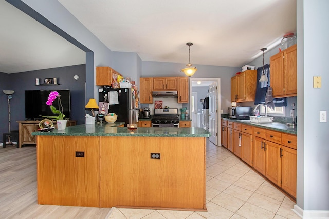 1417 Greenhouse Rd, Bangor, MI 49013 - kitchen with stainless steel appliances, dark countertops, under cabinet range hood, a peninsula, and pendant lighting