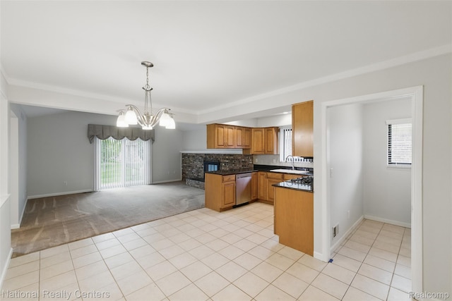 2430 Fox Hill Dr, Sterling Heights, MI 48310 - kitchen featuring dishwasher, a sink, a chandelier, light colored carpet, and brown cabinets