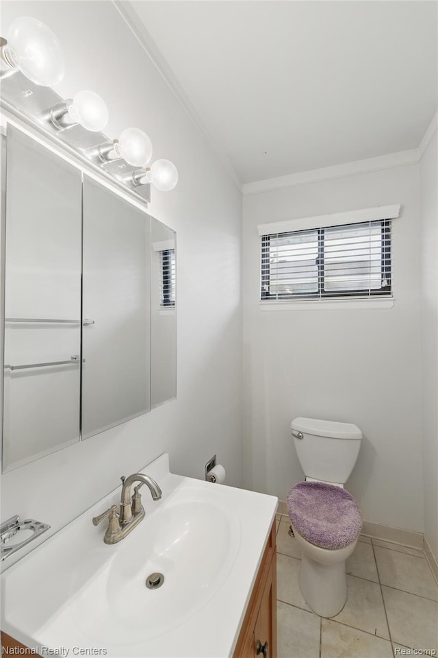2430 Fox Hill Dr, Sterling Heights, MI 48310 - half bathroom with vanity, tile patterned flooring, crown molding, and toilet