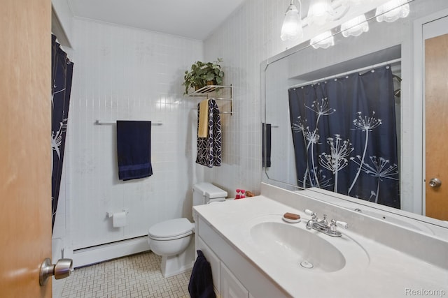 4811 Briarwood Ave, Royal Oak, MI 48073 - full bathroom with a baseboard heating unit, vanity, toilet, tile patterned flooring, and a shower with shower curtain