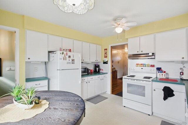 4811 Briarwood Ave, Royal Oak, MI 48073 - kitchen featuring white appliances, under cabinet range hood, white cabinets, and ceiling fan