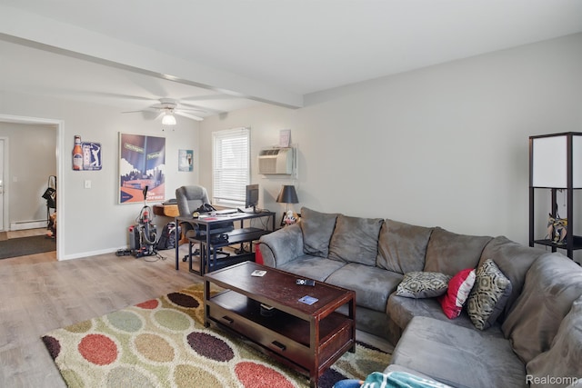 4811 Briarwood Ave, Royal Oak, MI 48073 - living area with wood finished floors, a ceiling fan, beamed ceiling, baseboards, and an AC wall unit