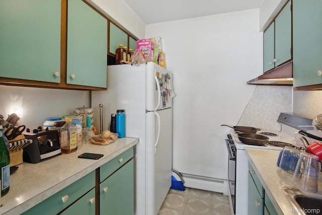 4811 Briarwood Ave, Royal Oak, MI 48073 - kitchen with white range with electric cooktop, under cabinet range hood, light countertops, a baseboard radiator, and green cabinetry