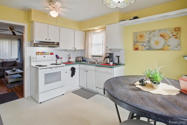 4811 Briarwood Ave, Royal Oak, MI 48073 - kitchen featuring white appliances, under cabinet range hood, a ceiling fan, white cabinets, and a sink