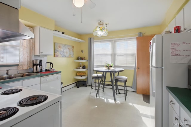 4811 Briarwood Ave, Royal Oak, MI 48073 - kitchen with white appliances, a sink, wall chimney exhaust hood, white cabinets, and baseboards