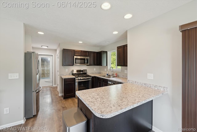 5200 Autumn Kirsten Dr, Fowlerville, MI 48836 - kitchen featuring appliances with stainless steel finishes, a peninsula, dark brown cabinetry, light countertops, and light wood finished floors