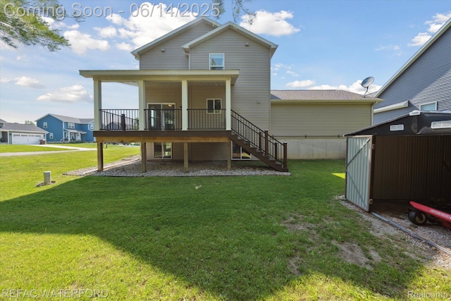 5200 Autumn Kirsten Dr, Fowlerville, MI 48836 - rear view of house featuring stairs, a wooden deck, a storage shed, and a lawn