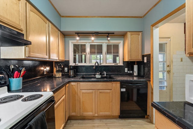 2240 S 13th St, Niles, MI 49120 - kitchen featuring black dishwasher, electric stove, ornamental molding, ventilation hood, and light wood finished floors