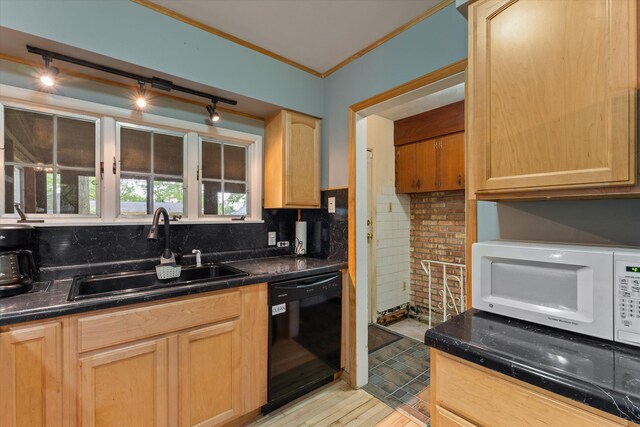 2240 S 13th St, Niles, MI 49120 - kitchen featuring black dishwasher, white microwave, light brown cabinets, backsplash, and dark countertops