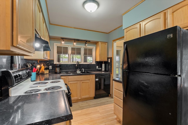 2240 S 13th St, Niles, MI 49120 - kitchen with black appliances, light brown cabinetry, decorative backsplash, dark countertops, and under cabinet range hood