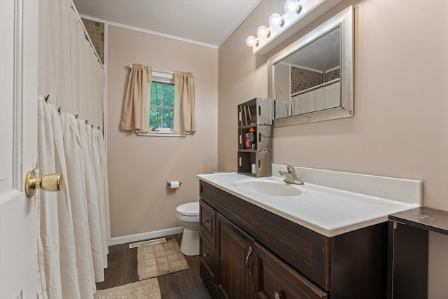 2240 S 13th St, Niles, MI 49120 - bathroom featuring vanity, wood finished floors, crown molding, and curtained shower
