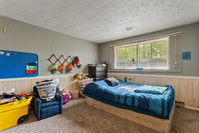 2240 S 13th St, Niles, MI 49120 - bedroom featuring carpet, a textured ceiling, a baseboard radiator, wooden walls, and a wainscoted wall