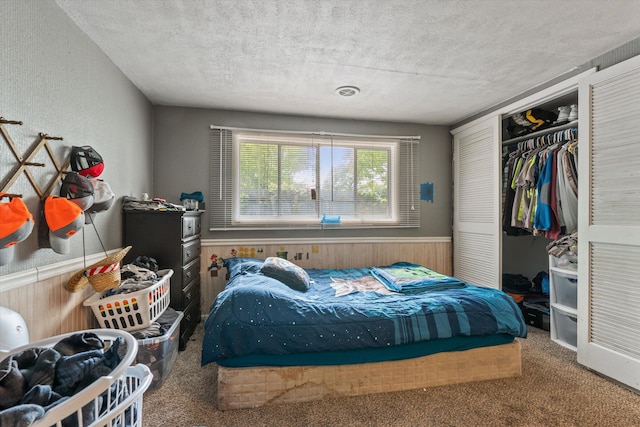 2240 S 13th St, Niles, MI 49120 - carpeted bedroom featuring a textured ceiling, a closet, wooden walls, and a wainscoted wall