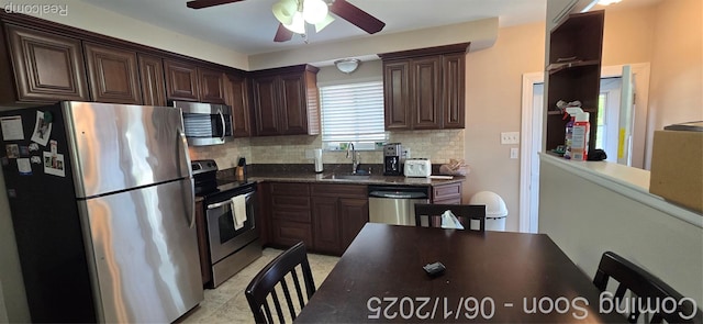 26312 Warrington St, Dearborn Heights, MI 48127 - kitchen with stainless steel appliances, a sink, dark countertops, decorative backsplash, and a ceiling fan