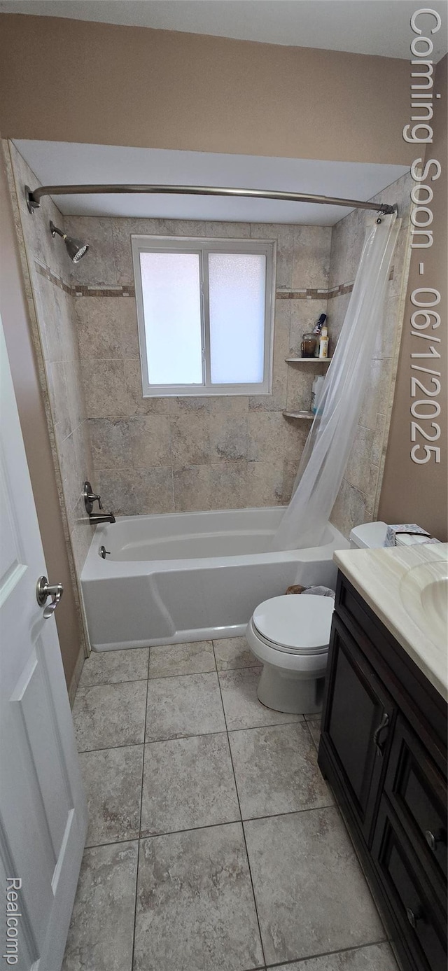 26312 Warrington St, Dearborn Heights, MI 48127 - bathroom featuring shower / tub combo with curtain, vanity, toilet, and tile patterned flooring